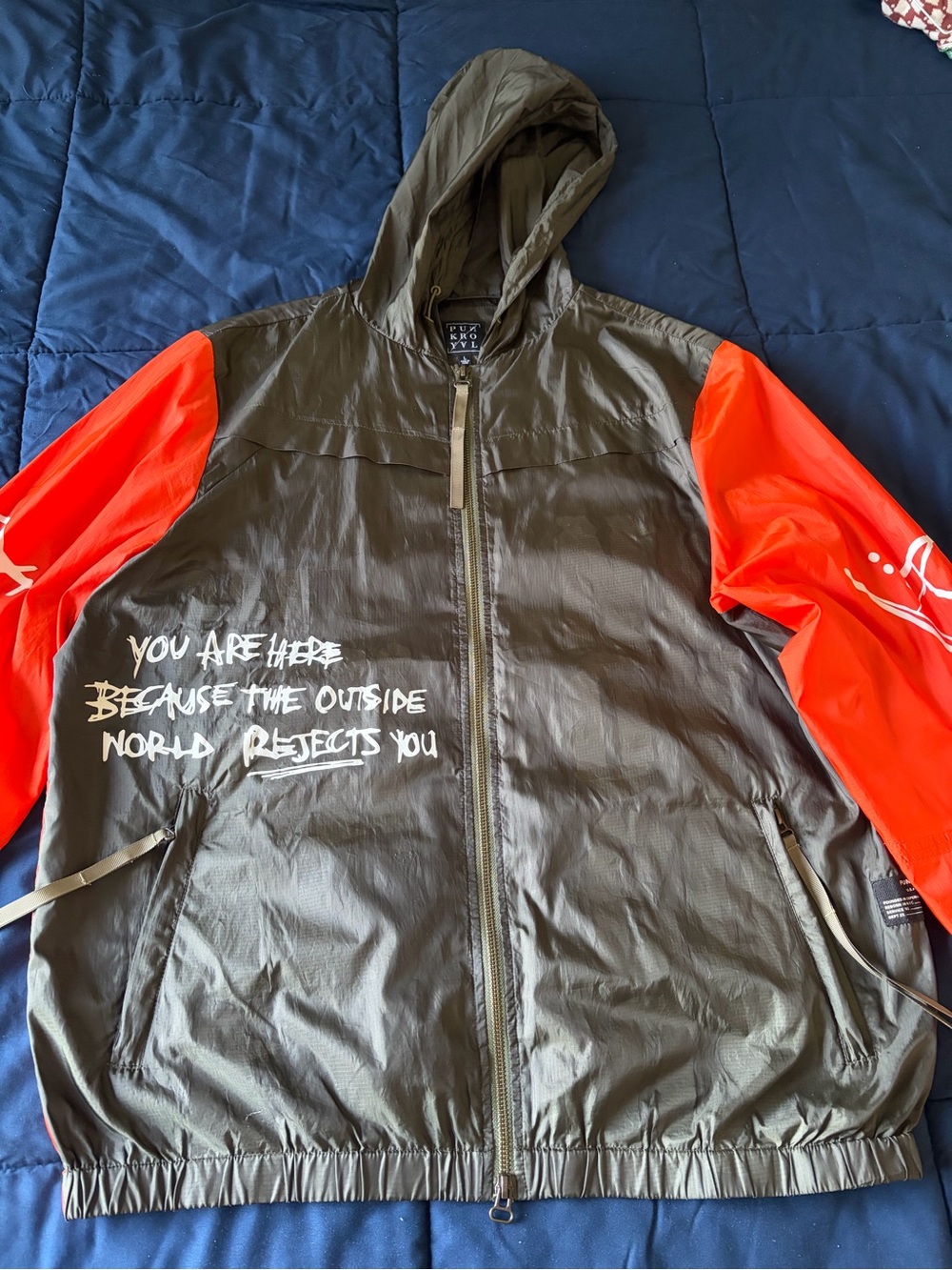 Punk Royal Olive Green Hooded Jacket with Bright Orange Sleeves